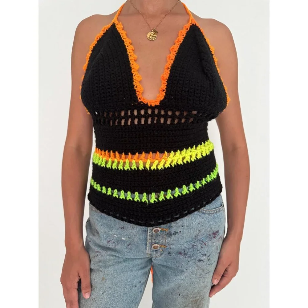 Vintage black colorful hand knit crochet festival backless halter tank crop top - Picture 7 of 10